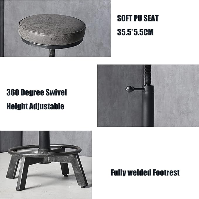 Set of 2 Swivel Pu Seat Bar Stools Industrial Style 17-24inch Height Adjustable Kitchen Stool Extra Guest Chair