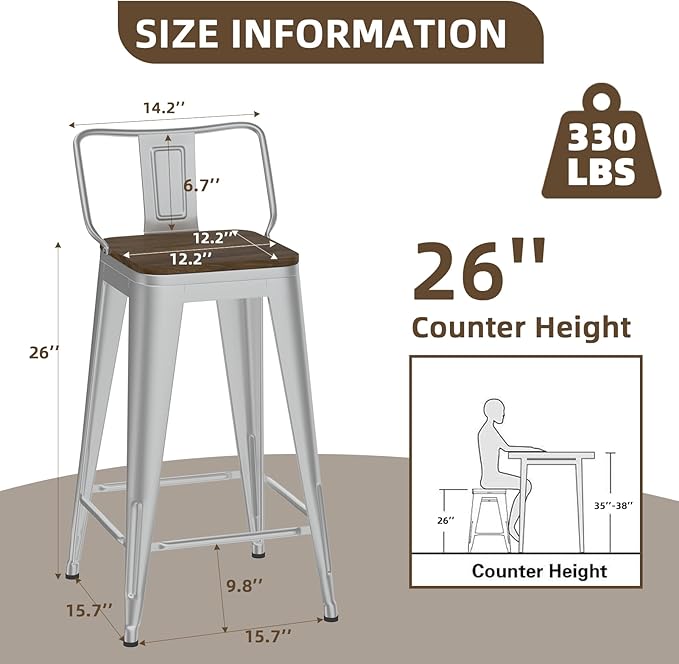 26 Inch Swivel Bar Stools Set of 4, Counter Height Bar Stools with Low Back, Metal Industrial Bar Chairs for Kitchen Island (Silver)