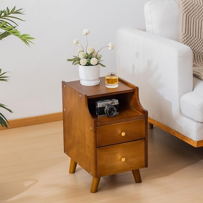 Small Nightstand, Narrow Nightstand, Solid Wood Night Stand, Narrow Side Table for Small Spaces, Couch, Walnut Color 11.81 in Wide