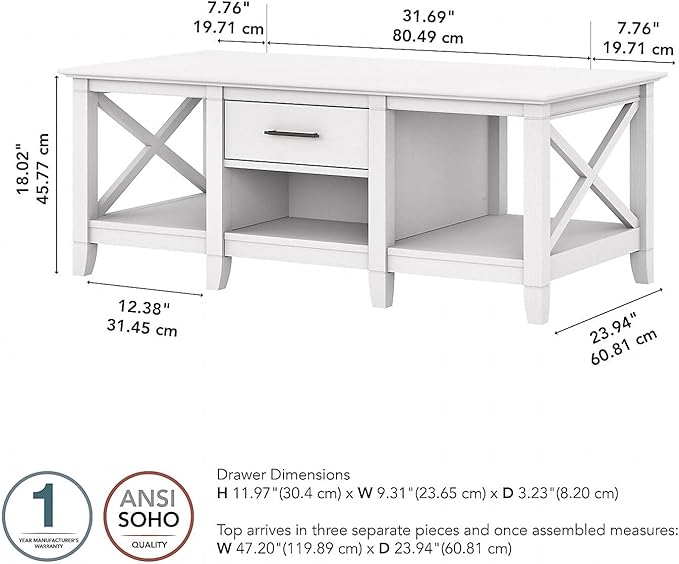 Bush Furniture Coffee Table with Storage with Aged Bronze Hardware | Key West Collection Center Counter for Living Room | 47Wx24Dx18H