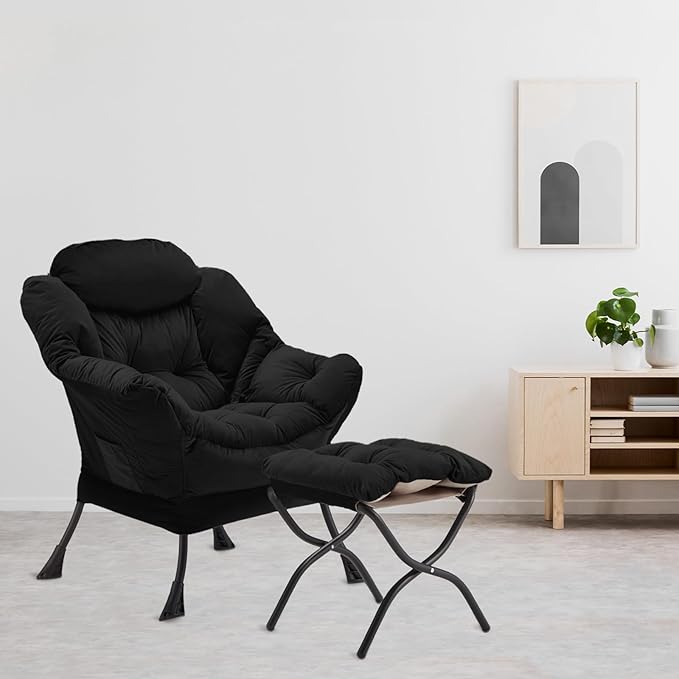 Lazy Chair with Folding Ottoman, Accent Chair Velvet Upholstered with Metal Structure and Non-Slip Pads, Sofa Armchair with Footrest and Side Storage Bag for Dorm, Room, Office, Black