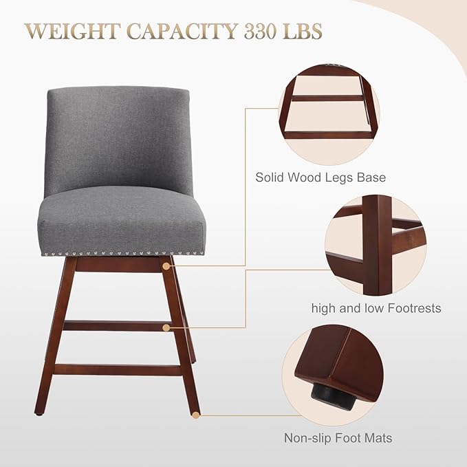 Counter Height Barstools Set of 2,360° Swivel Bar Stools with Back,26 inch Modern Counter barstools,Upholstered Bar Tall Stools for Kitchen Counter,Kitchen Island,Bar, Home (Dark Gray, SET OF 2)