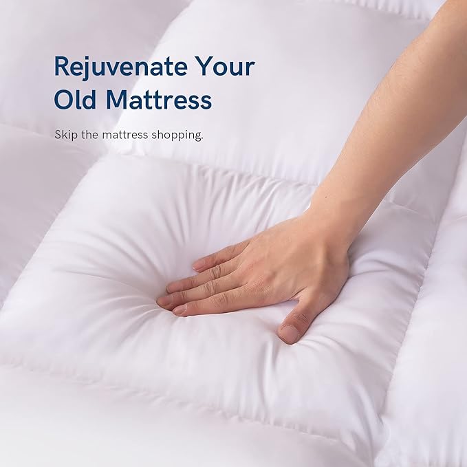 ELEMUSE RV Short Queen Mattress Topper for Back Pain, Extra Thick Mattress Pad Cover, Plush Soft Pillowtop with Elastic Deep Pocket, Overfilled Down Alternative Filling