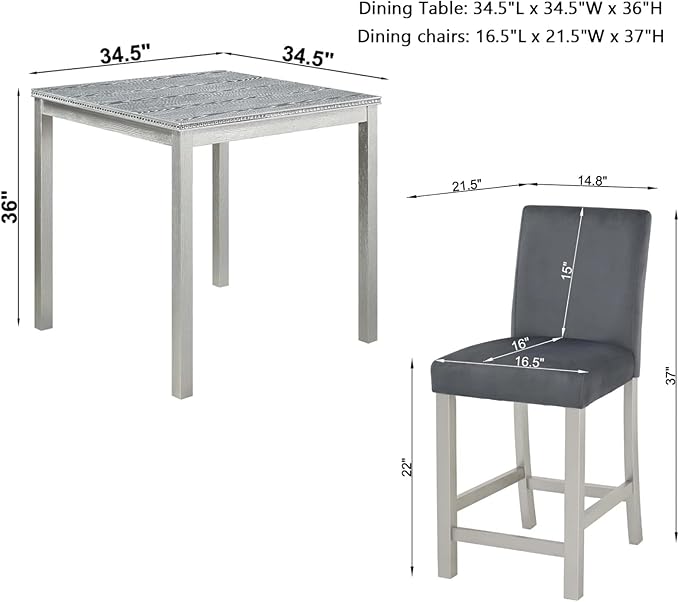 Dining Table Set for 4, 5-Piece Dining Room Table Set with Square Crystal Decoration Table & 4 Upholstered Backrest Chairs, Counter Height Kitchen Sets with Wood Grain & Footrest, Grey