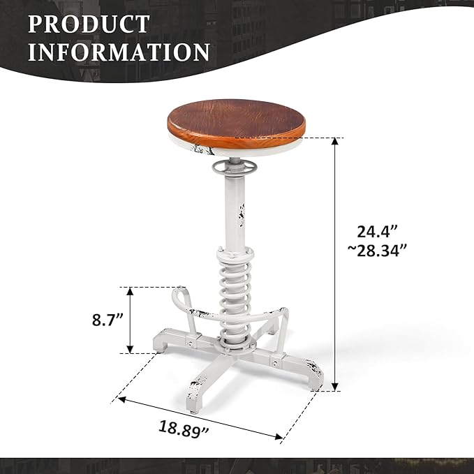 American Antique Steampunk Bar Stool 24.41"-28.35" Vintage Industrial Adjustable Swivel Backless Counter Stool for Home, Dining, Breakfast, Pub, (Heavy Duty Metal & Wood, Aged White, Brown Top)