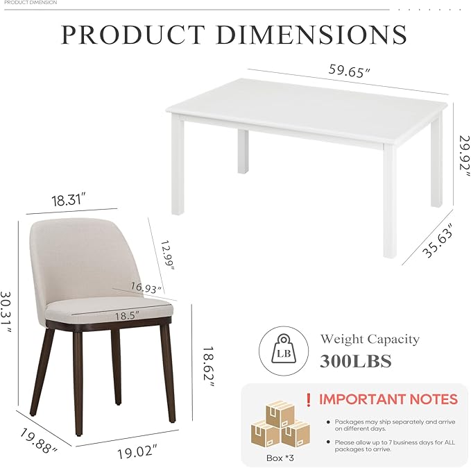 COLAMY 60 Inch Rectangular Kitchen Dining Table for 4, Modern Farmhouse Dining Table Set for 4, Wood Dining Table and Upholstered Dining Chairs for Kitchen, Dining Room, Restaurant, White/Beige
