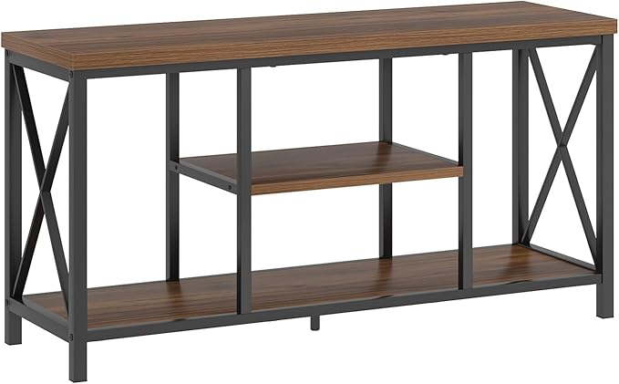 FOLUBAN Modern Entertainment Center for TVs up to 55 Inch, Rustic Wood Television Stands, Industrial TV Console and TV Cabinet for Living Room Bedroom, 47 Inch Rustic Walnut