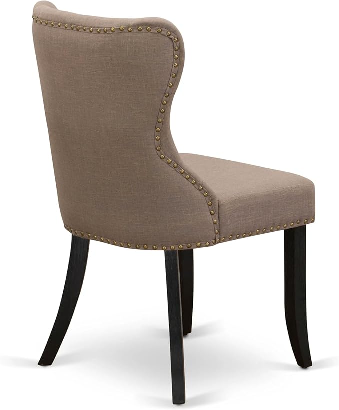 X02SI-206-48 - 5-pc Modern Dining Room Table Set a Rectangular Kitchen Table and 2 wooden Benches and 2 coffee Linen Fabric Dining Chair, 39x120 Inch, Wire Brushed Black