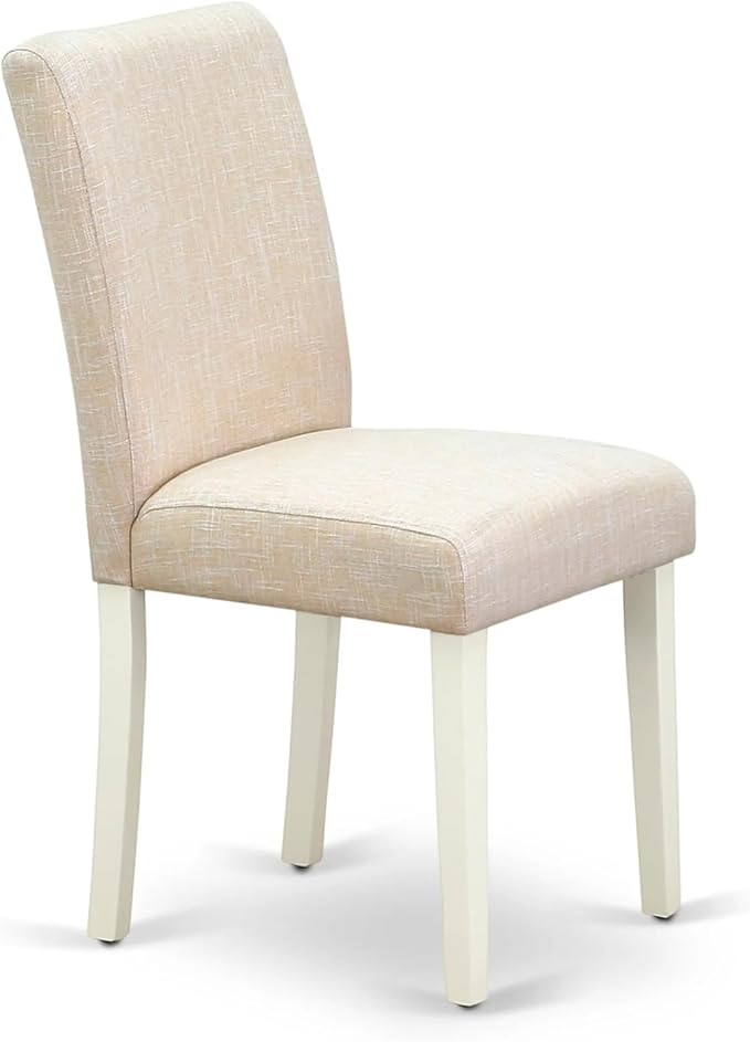East West Furniture AMAB3-LWH-02 3 Piece Dining Room Furniture Set Contains a Round Dining Table with Pedestal and 2 Light Beige Linen Fabric Upholstered Chairs, 36x36 Inch, Linen White