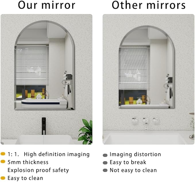 Arched Bathroom Mirror, 22X30 inch Arched Frameless Mirror, Arch Wall Mirror，Frameless Mirrors for Bathroom,Beveled Bathroom Mirror.