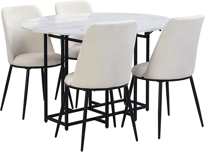 Merax 47.2” Round Dining Table Set for 4, Foldable Kitchen Dining Table with 11.8” Drop Leaves, Faux Marble Top with Golden Frame, 4 Upholstered Chairs (White+Beige)