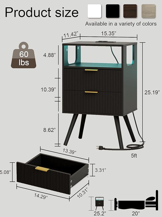 Nightstand, Modern Bedside Table with 2 Storage Drawer and Open Wood Shelf for Bedroom and Small Spaces, Night Stand with Solid Wood Legs (Black-Outlet)