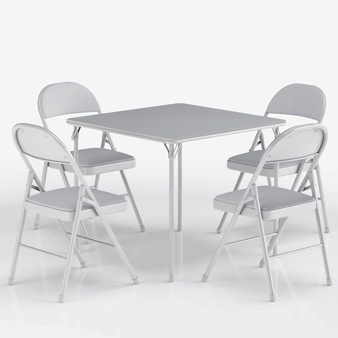 VECELO Portable Folding Card Table Square and Chair Set (5pc) with Collapsible Legs & Vinyl Upholstery, Metal, Grey