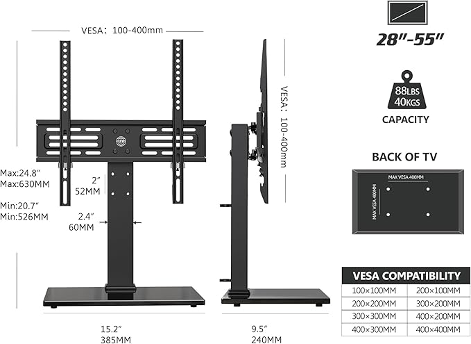 FITUEYES Universal TV Stand, Swivel TV Table Stands for 27-55 Inch Flat Screen, Tabletop TV Stand with Mount for Bedroom/Living Room, Height Adjustable, Holds up to 88 lbs, Glass Base, Black