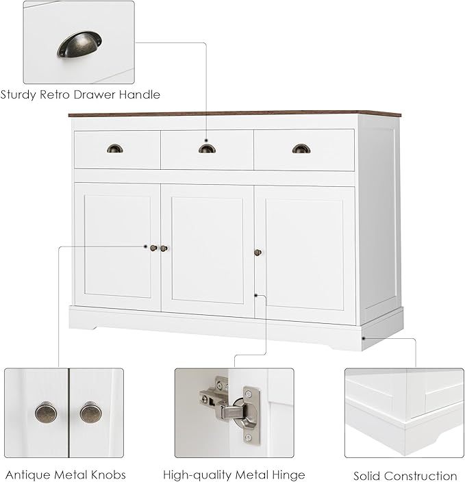 Keyluv White Buffet Cabinet Storage Sideboard Farmhouse Server Bar Wine Cabinet with 3 Drawers & 3 Doors Adjustable Shelves Console Table for Dining Living Room Kitchen Cupboard