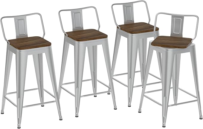 30 Inch Swivel Bar Stools Set of 4, Counter Height Bar Stools with Low Back, Metal Industrial Bar Chairs for Kitchen Island (Silver)
