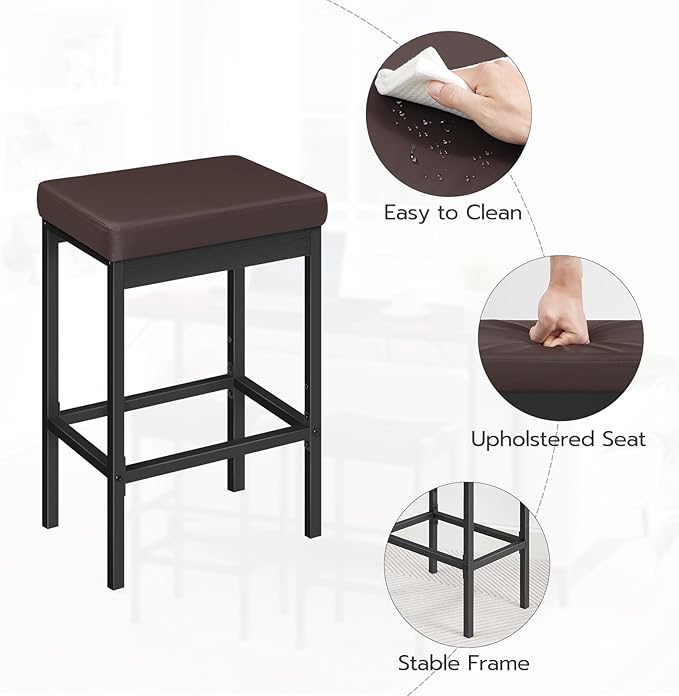 HOOBRO Bar Stools, Set of 2 Barstools, 24.8-Inch Height Stools, Breakfast Barstools, Kitchen Bar Chairs, 2" Thick Upholstery, for Kitchen, Dining Room, Cafe, Bar Counter, Brown and Black BC21BY01