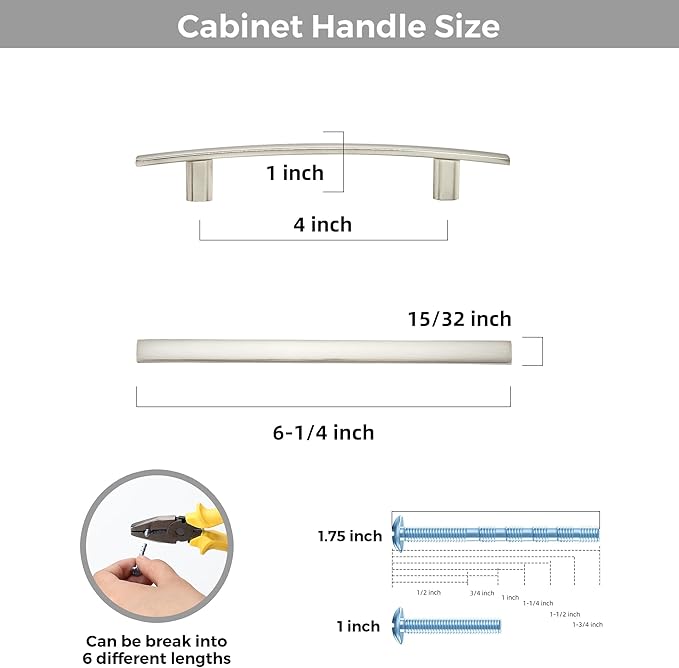 25 Pack Cabinet Handles 4" Hole Center - Curved Cabinet Pulls Brushed Nickel Drawer Pulls for Kitchen Cupboard Solid Hardware for Dresser Drawer Arch Hardware