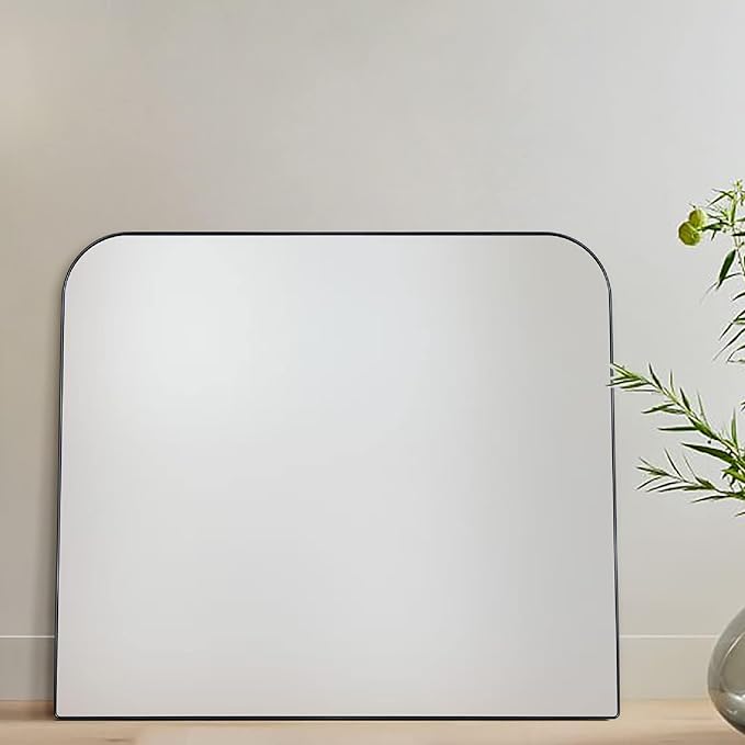 34x40'' Large Matte Black Arched Mantel Mirror Rounded Corner Wall Mirror for Bathroom, Living Room or Powder Room