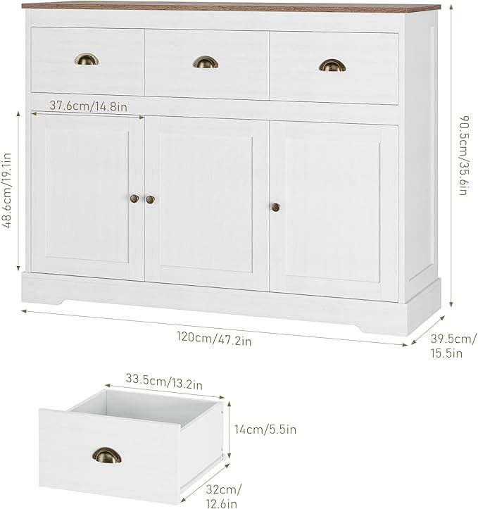 Keyluv Buffet Cabinet Storage Kitchen Sideboard Farmhouse Buffet Server Bar Wine Cabinet with 3 Drawers & 3 Doors Adjustable Shelves Console Table for Dining Living Room Cupboard, Antique White