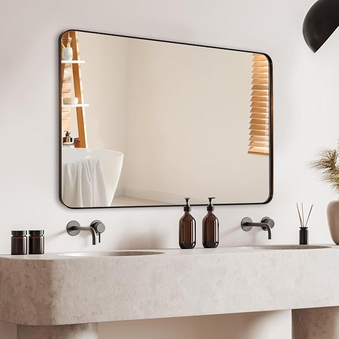 ANDY STAR Wall Mirror for Bathroom, 24"x36" Brushed Bronze Bathroom Mirror, Rounded Rectangle Mirror for Vanity, Stainless Steel Metal Frame