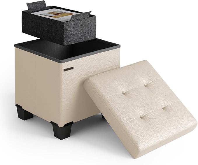 STORAGEBUD Storage Ottoman Cube with Small Bin, 16-in Square Ottoman with Storage for Living Room and Bedroom, Small Ottomans Foot Rest, Faux Leather Foot Stools Ottomans Max 330lbs, Beige