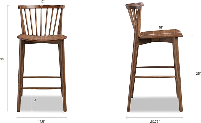 POLY & BARK Ligna Counter Stool Walnut – Mid-Century Inspired Stool with Sculpted Spindle Back – Solid American Oak Frame and Engineered Wood Veneered Seat – Fully Assembled and Ready to Use