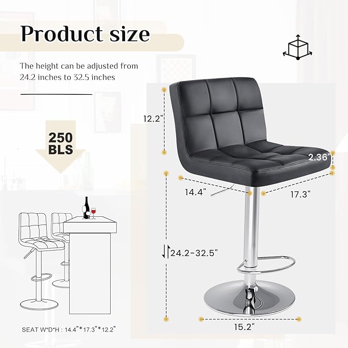 DUMOS Bar Stools Set of 2, Armless Adjustable Swivel Barstools, PU Leather Hydraulic Kitchen Counter Height Bar Stools, Thickened Seat Cushion Square Island Barstools with Back, Inky