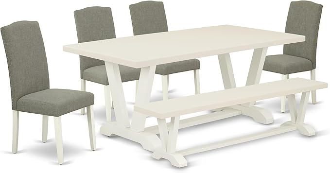East West Furniture V027EN206-6 6 Piece Kitchen Table Set Contains a Rectangle Dining Table with V-Legs and 4 Dark Shitake Linen Fabric Parson Chairs with a Bench, 40x72 Inch, Multi-Color