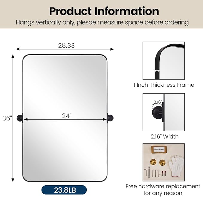 MOON MIRROR 24"x36" Matte Black Pivot Mirror for Bathroom, Metal Frame Bathroom Mirrors for Wall，Rectangle Titling Vanity Wall Mirror with Rounded Corner Hangs Vertical(Overall 27.75" x 36")