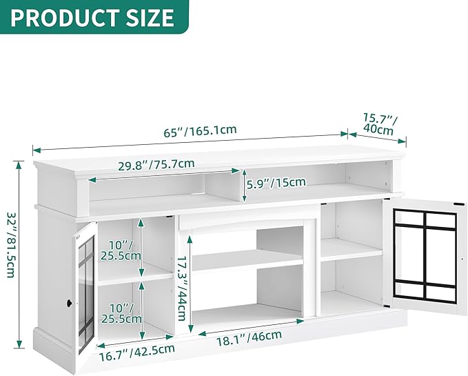 YITAHOME White TV Stand for 75 Inch TV, LED Modern Entertainment Center with Adjustable Shelves and Glass Doors, 32'' Tall Television Stands TV Media Console Table for Living Room, White