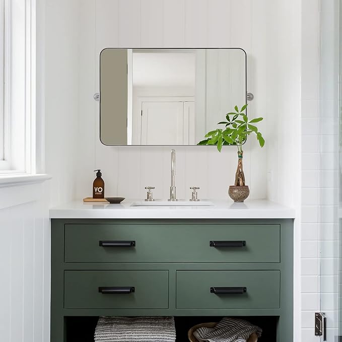 MOON MIRROR 36" x 24" Brushed Nickel Rectangle Bathroom Mirror, Tilting Rounded Rectangular Metal Framed Pivot Wall Mirror, Hangs Horizontally Only(Overall 39.75" x 22")