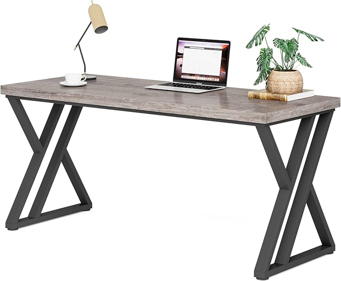 LITTLE TREE 55 Inch Large Simple Industrial Computer Desk Study Writing Table Home Office Workstation,Grey