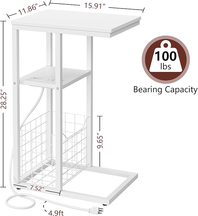 Vagusicc C Shaped End Table with Charging Station, Side Table for Couch, Small Side End Table for Small Spaces, 28" High Slide Under Sofa Table for Coffee, Tv Tray Table for Living Room, White