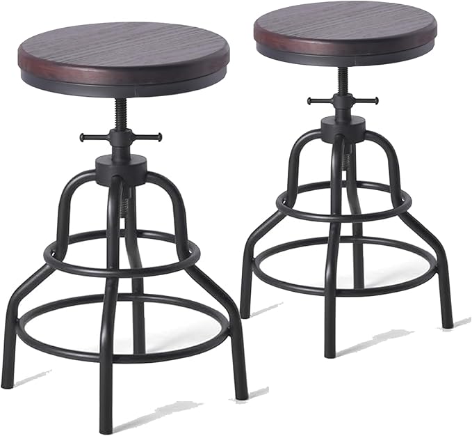 Diwhy Industrial Vintage Bar Stool, Kitchen Counter Height Adjustable Pipe Stool, Cast Iron, Swivel, Metal, 27 Inch, Fully Welded Set (Brown Wooden Top)