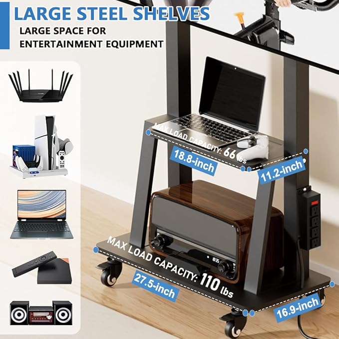Rolling TV Stand with Power Outlet, Mobile TV Stand on Wheels for 32-75 inch TV, Height Adjustable Portable Black TV Cart, Holds up to 130LBS, Vesa 600×400mm