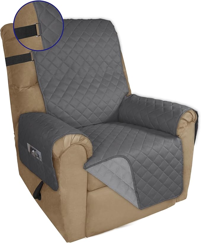 PureFit Reversible Sofa Cover Water Resistant Recliner Couch Cover, Machine Washable Furniture Cover with Adjustable Strap for Dogs, Pets (Recliner, Gray/Light Gray)
