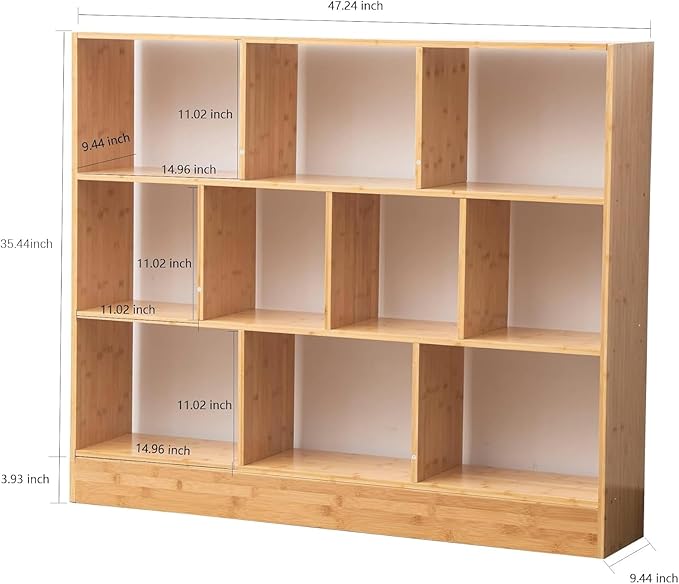 Maydear 47.24” Bamboo Bookshelf, 10 Cube Bookshelf with Base 3 Tier Open Shelf Bookcases, Freestanding Book Storage Organizer Display Shelf for Bedroom, Living Room, Home Office