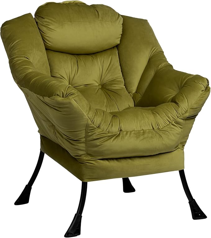 HollyHOME Modern Fabric Large Lazy Chair, Accent Oversized Comfy Reading Chair, Thick Padded Cozy Lounge Chair with Armrest, Steel Frame Leisure Sofa Chair for Living Room, Bedroom, Dorm, Army Green