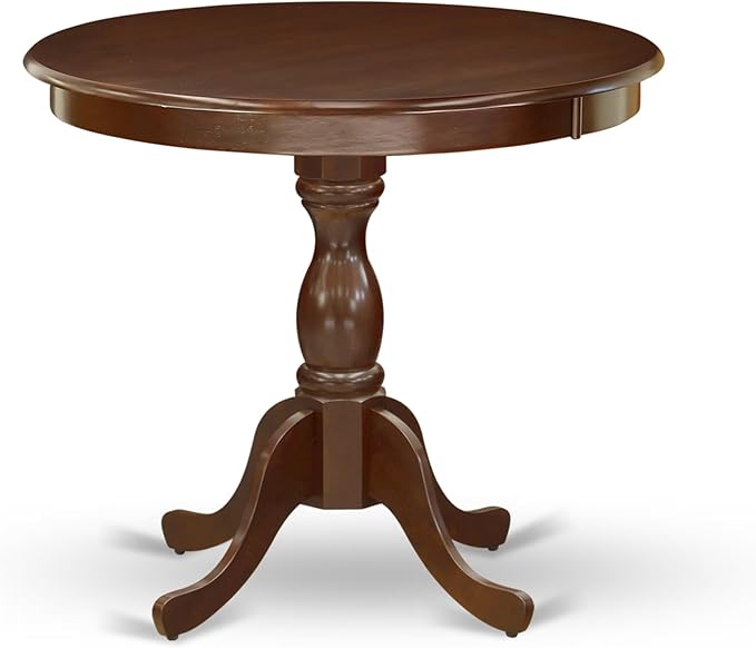 East West Furniture AMDA3-MAH-C 3 Piece Kitchen Table & Chairs Set Contains a Round Dining Room Table with Pedestal and 2 Linen Fabric Upholstered Chairs, 36x36 Inch, Mahogany