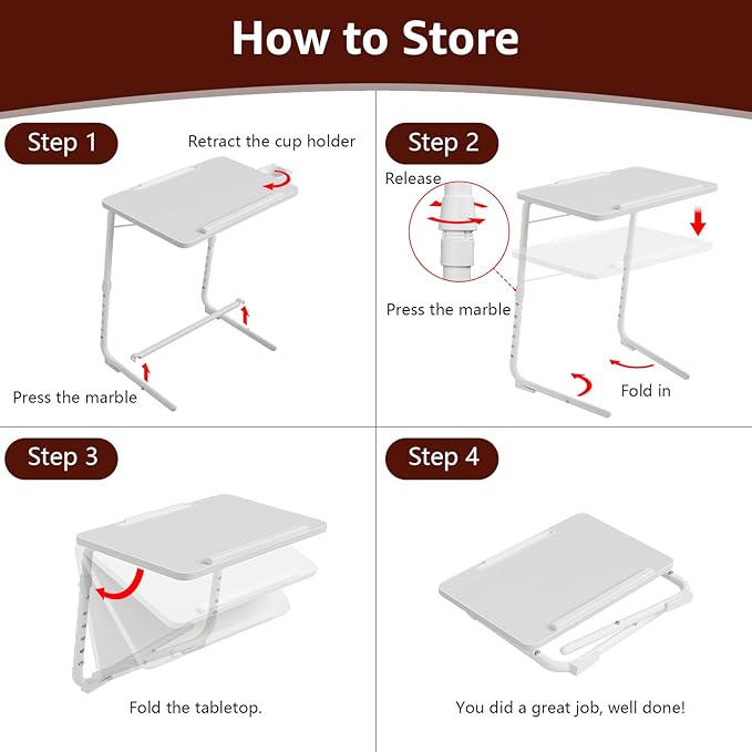 Adjustable TV Tray Folding Dinner - White Trays for Eating On Couch Wooden Tables Mate Stand Foldable Desk with Cup Holder Portable