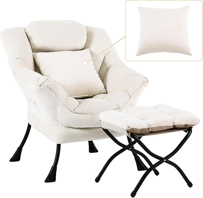 Lazy Chair with Ottoman, Comfy Reading Lounge Chair with Footstool & Throw Pillow Modern with Armrests & Side Pocket for Living Room, Bedroom, Dorm Room, Velvet Beige
