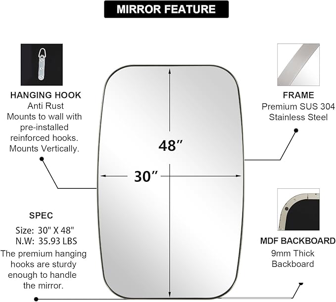 ANDY STAR Brushed Nickel Mirror, 30x48’’ Brushed Nickel Bathroom Oval Mirror with Stainless Steel Metal Frame, Silver Oblong Mirrors Wall Mounted for Bedroom, Living Room Decor