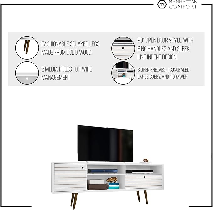 Manhattan Comfort Liberty Mid Century Modern TV Stand for Televisions up to 65 Inches, Bedroom and Living Room Entertainment Center with Storage, Shelves, and Cabinet, 71" Wide, White/Yellow