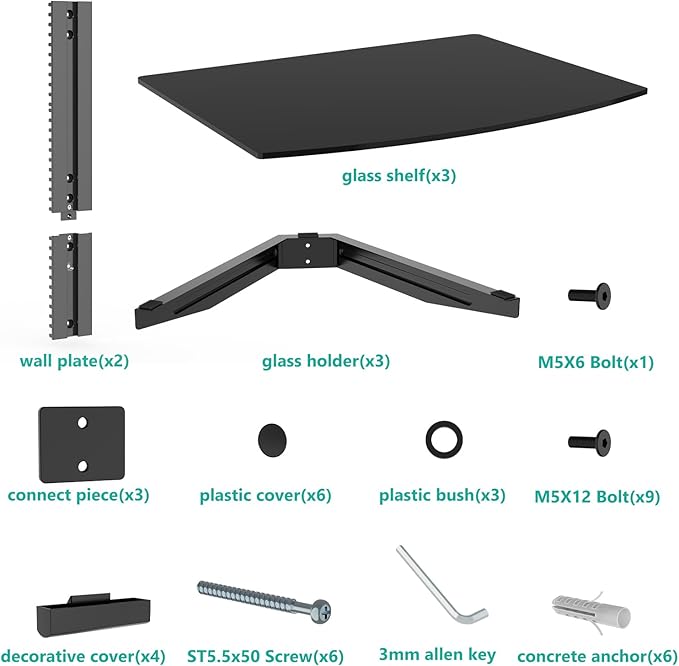 WALI Floating Entertainment Center Shelves, Holds Up to 17.6lbs, TV Shelf with Strengthened Tempered Glasses for DVD Players, Cable Boxes, Games Consoles, TV Accessories (CS303B), 3 Shelf, Black