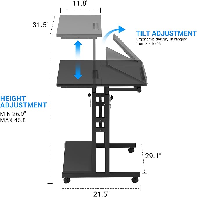 Mobile Standing Desk, Adjustable Rolling Computer Desk with 3 Desktops, Portable Laptop Table with Cup Holder, Home Office Laptop Workstation on Lockable Wheels, Black