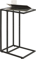 YMYNY C-Shaped End Table, Tempered Glass Sofa Side Table, nightstand for Small Place,Coffee Table for Hallway Office Bedroom Living Room, Metal Frame, Black, 24.8 * 15.75 * 11.8" UHGD001B