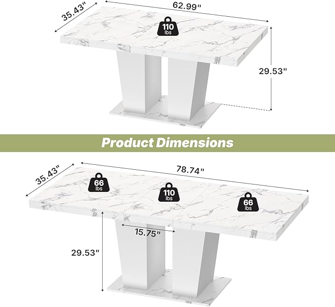 63"-78.7" Expandable Dining Table, 6-10 Farmhouse Kitchen Table, Extendable Console Table, Wooden Farmhouse Kitchen Table with Metal Track & Dual Column Base for Dining Room, Office-White