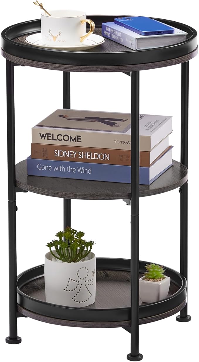 Dulcii Side Table, Round End Table with 3 Shelves for Living Room, Bedroom, Nightstand with Steel Frame for Small Spaces, Industrial Round Sofa Table, Outdoor Accent Coffee Table, Grey
