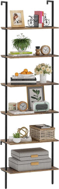 Bookcase Rustic Brown 6 Tiers Modern Bookshelf Room Organizer Open Tall Wall Mount Bookcase Standing Leaning Wall Shelves Industrial Decorative Living Room Bed Room (Rustic Brown)